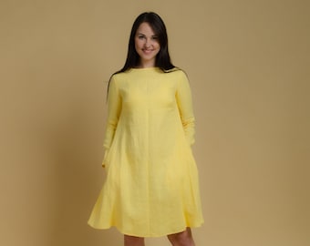 VESTIDO DE MANGA LARGA DE LINO DE COLOR AMARILLO VERONICA con bolsillos laterales, vestido de trapecio, vestido de lino oversize para mujeres, vestido de lino de color cremoso