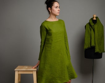 VERONICA Robe à manches longues en lin vert olive avec poches latérales, robe en lin trapèze, robe en lin militaire, robe en lin surdimensionnée pour femme