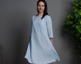 BARBARA robe en lin à manches moyennes bleu clair avec poches en couture, robe en lin trapèze bleu, robe en lin ample, robe en lin moyen