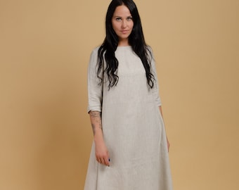 BERTA Natural colour long summer linen dress with side pockets and a belt, long sleeve linen dress, cozy dress, elegant linen dress