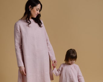 VERONICA Lin DUSTY PINK couleur robe en lin à manches longues avec poches latérales, robe en lin trapèze rose clair, robe large, robe femme taille plus