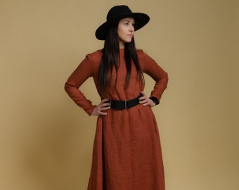 SARAH hazelnut brown colour long linen dress, autumn linen dress, maxi natural linen dress with waist belt and side pockets