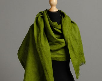 Écharpe en lin naturel longue et large pour femme, écharpe en lin de couleur olive, cadeau de Noël, châle en lin, foulard d’été, grande écharpe en lin