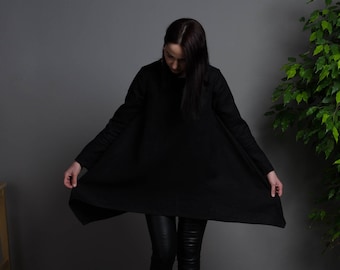AURORA Tunica asimmetrica in lino nero a maniche lunghe per donna, camicia lunga in lino, camicetta lunga in lino, top ampio in lino a maniche lunghe