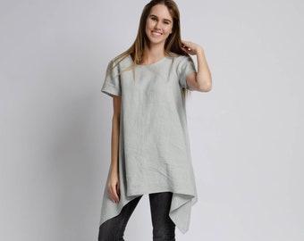 LINDA Asymmetric short sleeve grey linen tunic for women, loose linen tunic, grey long linen blouse, wise linen tunic