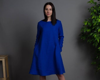 VERONICA Deep blue color long sleeve linen dress with inseam pockets, blue trapeze linen dress, loose linen dress, medium linen dress