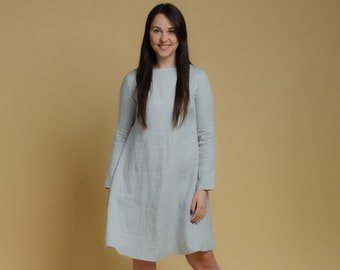 VERONICA light grey colour linen long sleeve dress with side pockets, natural linen dress, women oversized linen dress