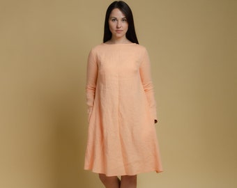 VERONICA peach colour linen long sleeve dress with side pockets, trapeze linen dress, women oversized linen dress, creamy colour linen dress