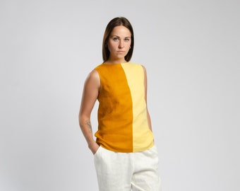 ERICA Sleeveless linen tank top for women, two color blouse, linen blouse, casual linen top, yellow linen top, loose linen tank