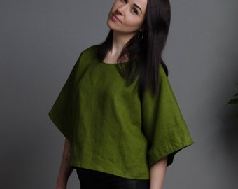 MARTHA Oversized linnen tuniek, korte linnen tuniek met wijde mouwen, groene linnen tuniek, losse linnen top, los olijfgroen linnen overhemd