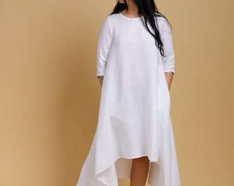 SHANON Robe asymétrique en lin blanche à manches moyennes, robe trapèze en lin avec poches dans les coutures, robe ample, robe en lin surdimensionnée