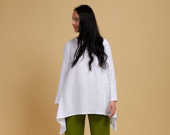 AURORA White Asymmetric long sleeve color linen tunic for women, long linen shirt, whitelong linen blouse, long sleeve linen top