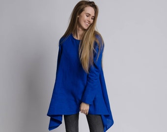 AURORA Asymmetric long sleeve blue royal color linen tunic women, bright blue long linen tunic, long linen blouse, long sleeve linen tunic