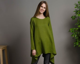 AURORA Asymmetric long sleeve olive green color linen tunic ,olive colour long linen shirt, green long linen blouse, long sleeve tunic