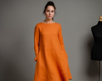 VERONICA Linen Robe en lin à manches longues couleur terre cuite avec poches latérales, robe en lin trapèze orange, robe large, robe femme taille plus