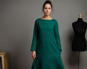 VERONICA Emerald green linen long sleeve dress with side pockets, loose linen dress, green linen dress, women oversized linen dress