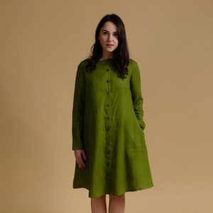 DOMINIKA Linen OLIVE color buttoned long sleeve linen dress with side pockets, green trapeze linen dress, wide dress, plus size women dress image 1