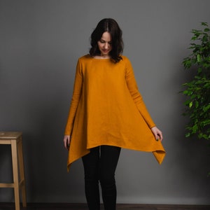 AURORA Asymmetric long sleeve mustard color linen tunic for women, long linen shirt, long linen blouse, long sleeve linen top