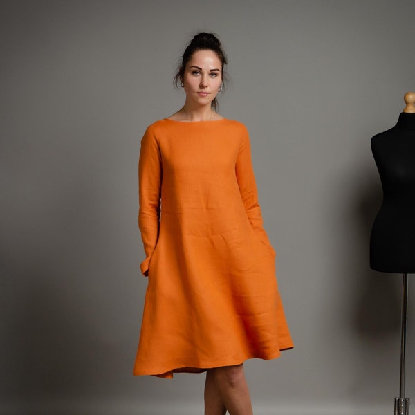 VERONICA Linen Robe en lin à manches longues couleur terre cuite avec poches latérales, robe en lin trapèze orange, robe large, robe femme taille plus