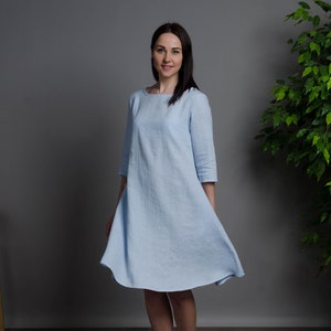 BARBARA light blue medium sleeve linen dress with inseam pockets, blue trapeze linen dress, loose linen dress, medium linen dress image 1