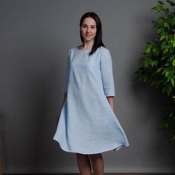 BARBARA robe en lin à manches moyennes bleu clair avec poches en couture, robe en lin trapèze bleu, robe en lin ample, robe en lin moyen