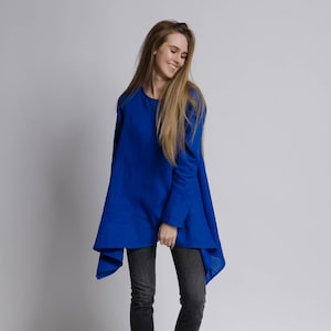 AURORA Asymmetric long sleeve blue royal color linen tunic women, bright blue long linen tunic, long linen blouse, long sleeve linen tunic image 1