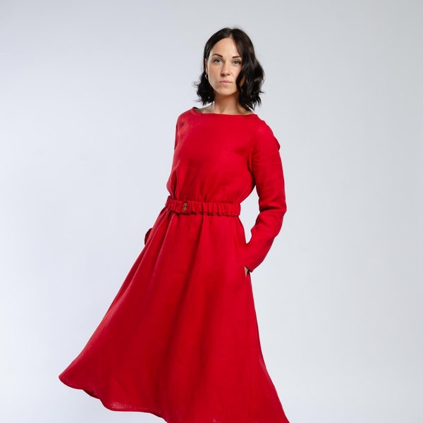 CAMILA Long red summer linen dress with side pockets and a belt, long sleeve linen dress, wide dress, cozy dress, elegant linen dress