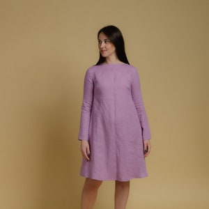 VERONICA light purple colour linen long sleeve dress with side pockets, lavender linen dress, women oversized linen dress, lilac linen dress