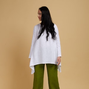 READY to SHIP -40% size S/M White Asymmetric long sleeve color linen tunic for women, long linen shirt, linen blouse, long sleeve linen top