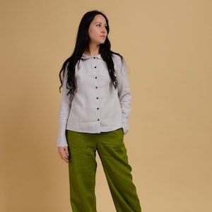 LETICIA Light grey linen long sleeve linen shirt with collar, collared neck linen blouse, elegant linen shirt, Peter Pan collar linen blouse