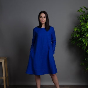 VERONICA Deep blue color long sleeve linen dress with inseam pockets, blue trapeze linen dress, loose linen dress, medium linen dress