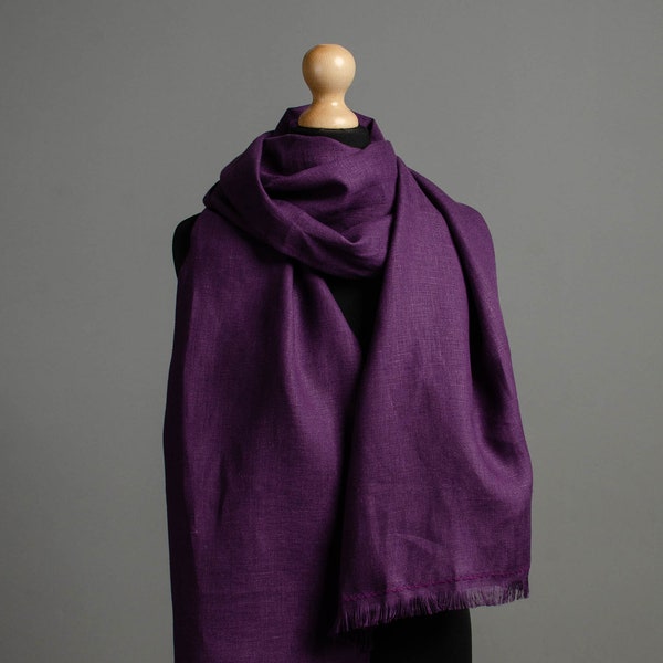 Écharpe unisexe longue et large couleur aubergine, écharpe en lin couleur lavande, foulards en lin doux, châle en lin, foulard d’été, grand foulard en lin