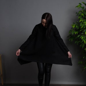 AURORA Asymmetric long sleeve black color linen tunic for women, long linen shirt, long linen blouse, loose long sleeve linen top