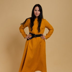 SARAH Mustard colour long linen dress with side pockets and a belt, long sleeve linen dress, cozy dress, elegant linen dress