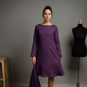 VERONICA Lavender colour linen long sleeve dress with side pockets, trapeze linen dress, purple linen dress, women oversized linen dress