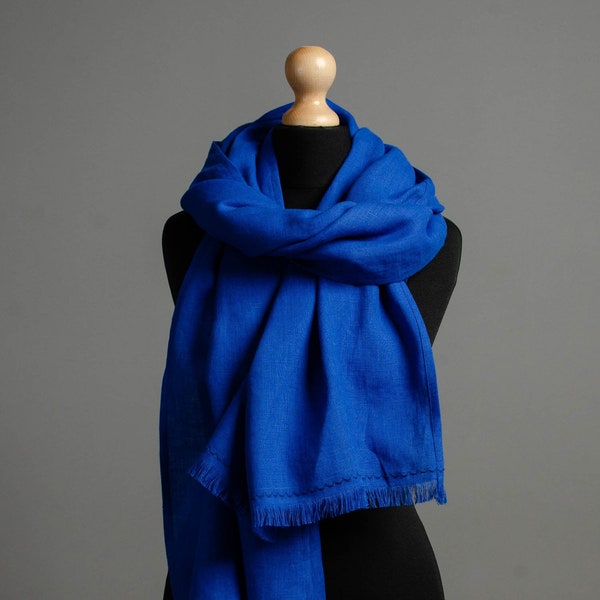 Écharpe en lin unisexe bleu roi longue et large, écharpe en lin de couleur bleu foncé pour femmes, foulards en lin doux, châle en lin, grande écharpe en lin