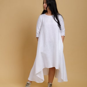 SHANON Medium sleeve asymmetric white linen dress, trapeze linen dress with inseam pockets, loose dress, oversized linen dress
