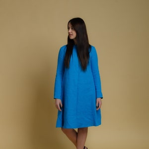 VERONICA caribbean blue linen long sleeve dress with side pockets, trapeze linen dress, women oversized linen dress, bright blue linen dress