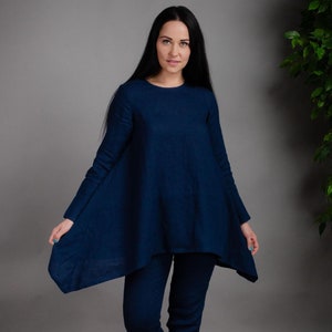 AURORA Asymmetric long sleeve NAVY BLUE color linen tunic, long linen shirt, green long linen blouse, long sleeve tunic