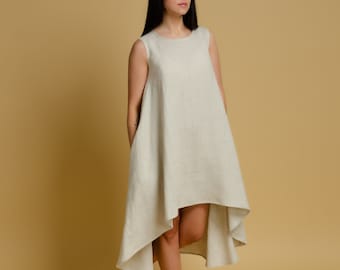 FLORA Sleeveless asymmetric natural colour linen dress, trapeze linen dress with inseam pockets, loose dress, oversized linen dress