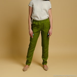 RUTH Chartreuse linen pants with elastic waist and front pockets, olive green color linen pants