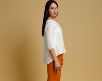 BERNIN Asymmetric white V-neck linen medium sleeve tunic, white linen blouse, linen summer shirt
