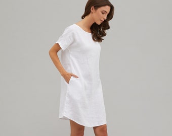 SANDRA White short sleeve linen summer dress with inseam pockets, handmade dress, loose linen dress, simple linen dress, trapeze linen dress