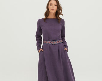 SARAH Lavender colour long summer linen dress with side pockets and a belt, long sleeve linen dress, cozy dress, elegant linen dress