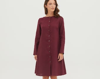 DOMINIKA Linen MARSALA color  buttoned long sleeve linen dress with side pockets, red trapeze linen dress, wide dress, plus size women dress