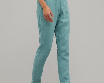MIRIAM Electric blue colour linen pants with elastic waist and inner pockets, turquoise colour linen pants, wide linen trousers for women