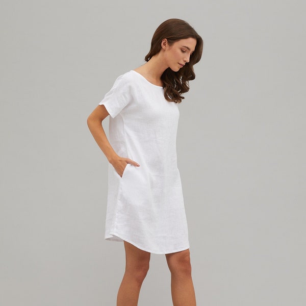 SANDRA White short sleeve linen summer dress with inseam pockets, handmade dress, loose linen dress, simple linen dress, trapeze linen dress