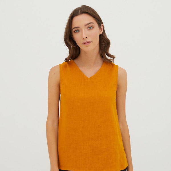 REGINA Mustard V-neck sleeveless linen tank for women, simple linen top, simple blouse, loose summer shirt, sleeveless shirt