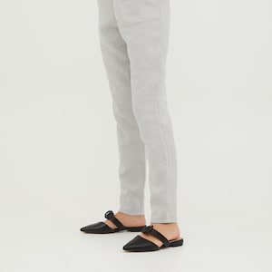 MARGO Loose light grey linen pants with elastic waist and front pockets, grey colour linen pants, high waisted linen pants