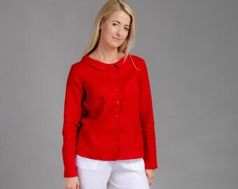 CHLOE RED long sleeve linen shirt with collar, collared neck linen blouse, elegant linen shirt, Peter Pan collar blouse